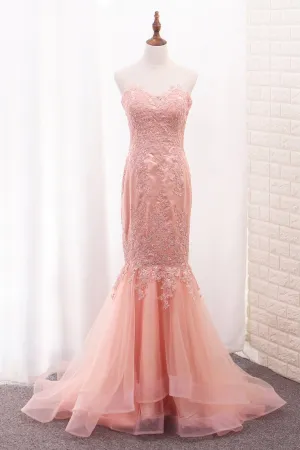 Sweetheart Mermaid Tulle Prom Dresses With Applique Sweep Train