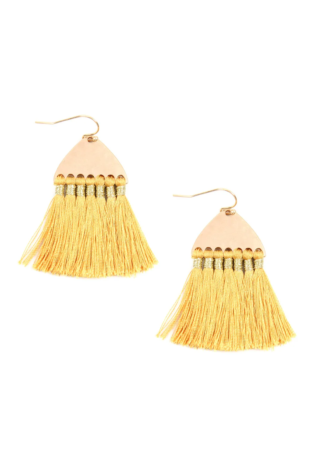 THREAD TASSEL HAMMERED METAL HOOK EARRINGS