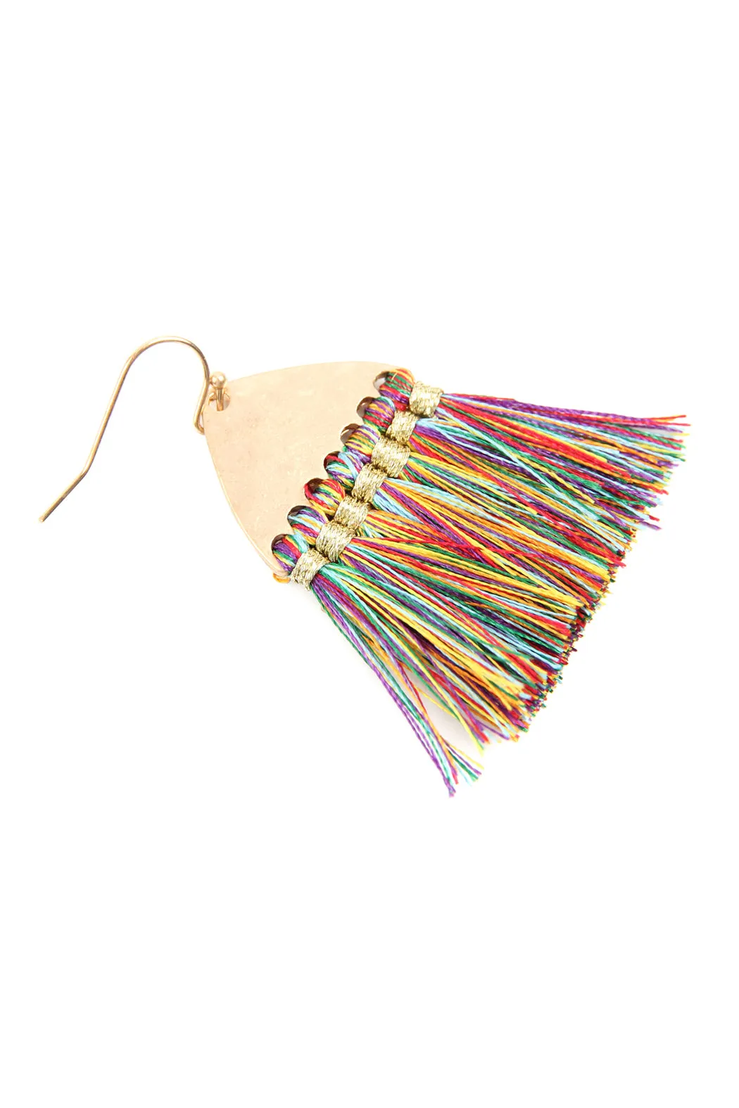 THREAD TASSEL HAMMERED METAL HOOK EARRINGS