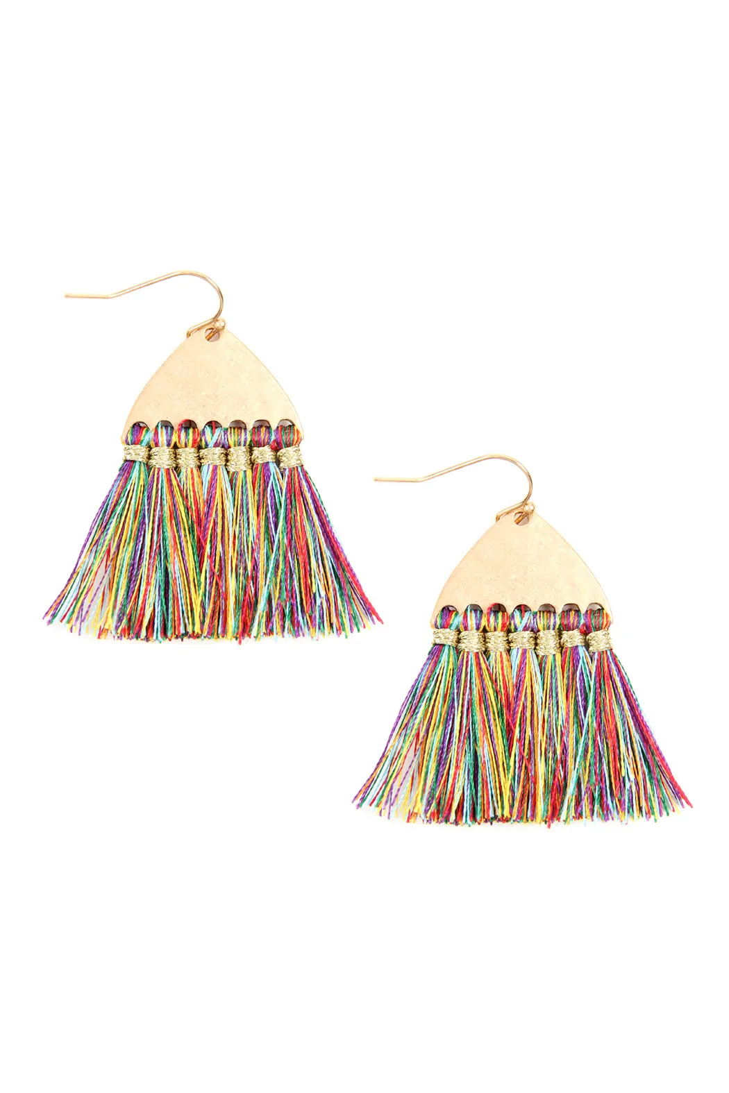 THREAD TASSEL HAMMERED METAL HOOK EARRINGS