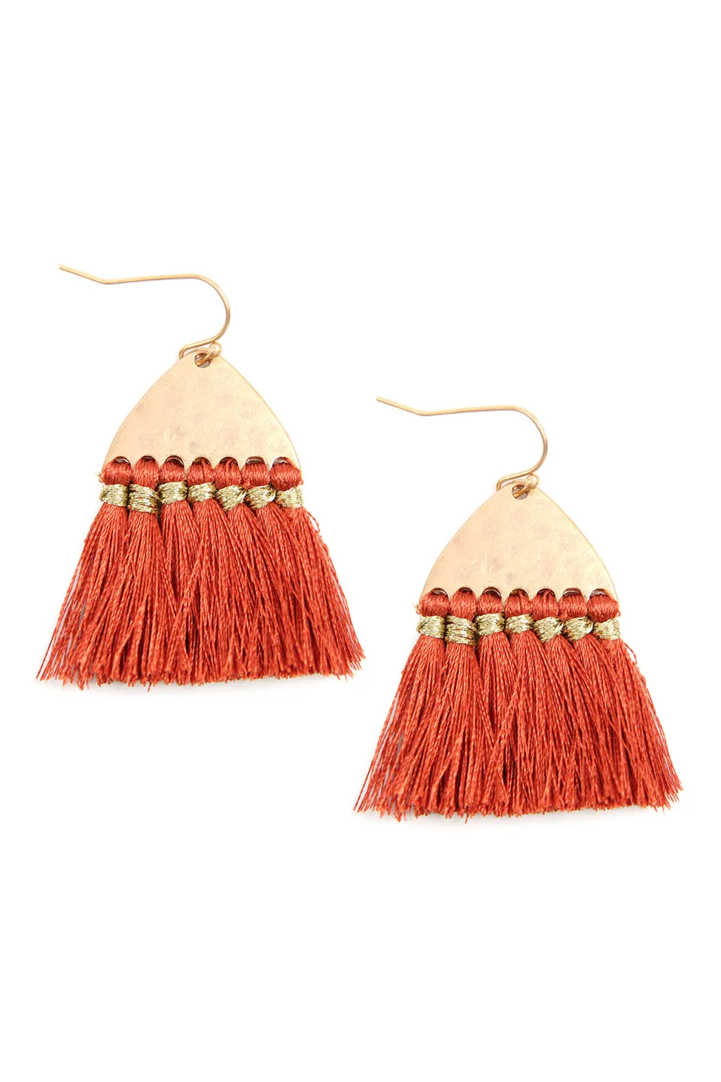 THREAD TASSEL HAMMERED METAL HOOK EARRINGS