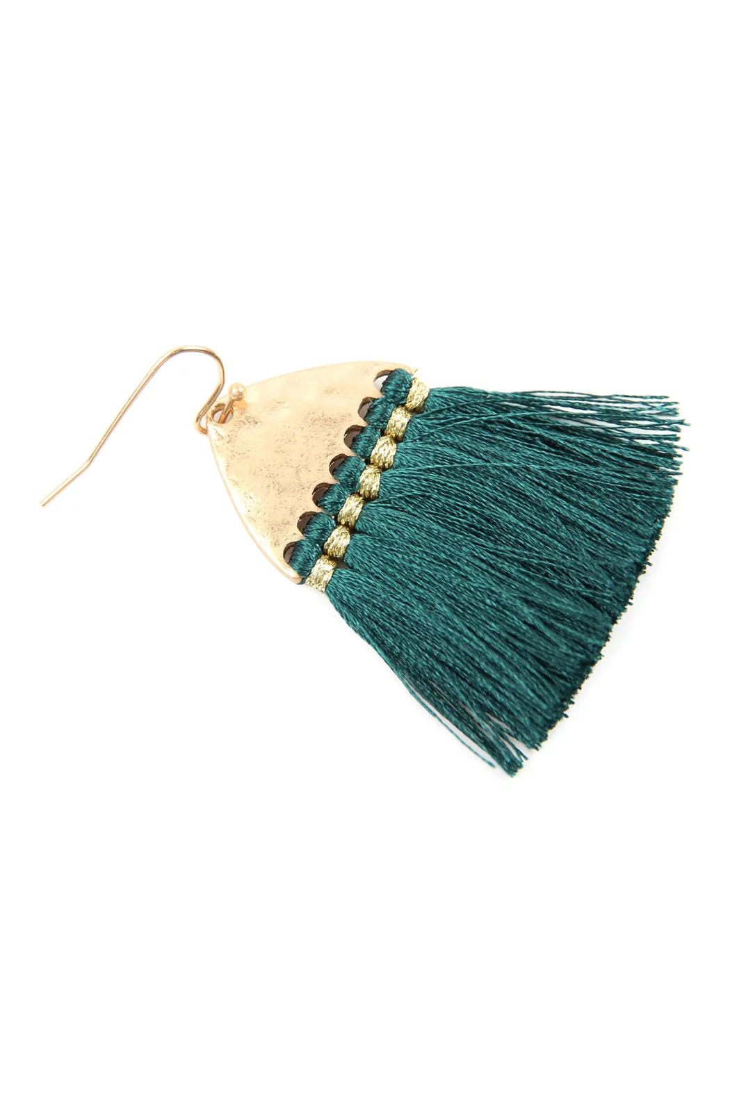 THREAD TASSEL HAMMERED METAL HOOK EARRINGS