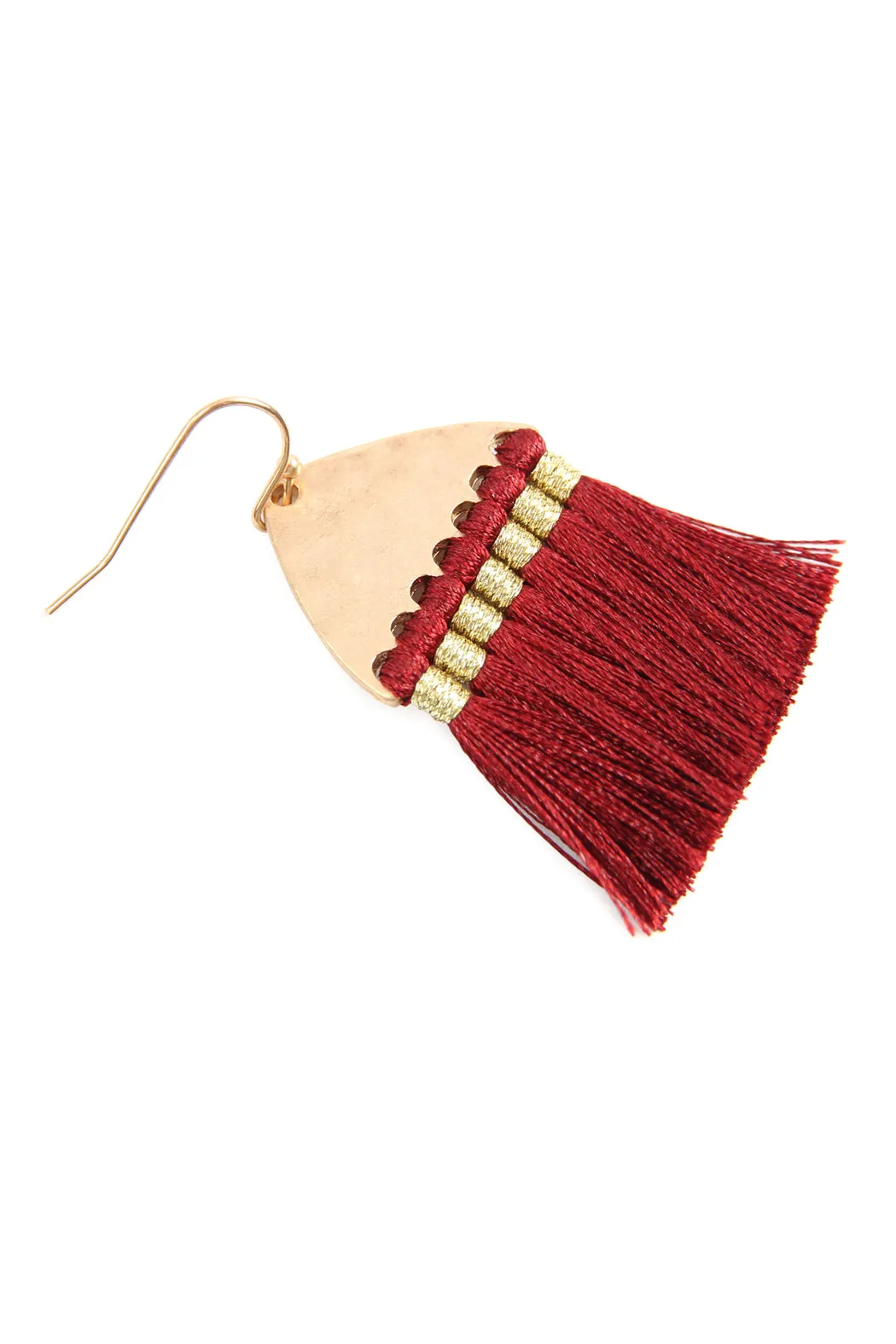 THREAD TASSEL HAMMERED METAL HOOK EARRINGS