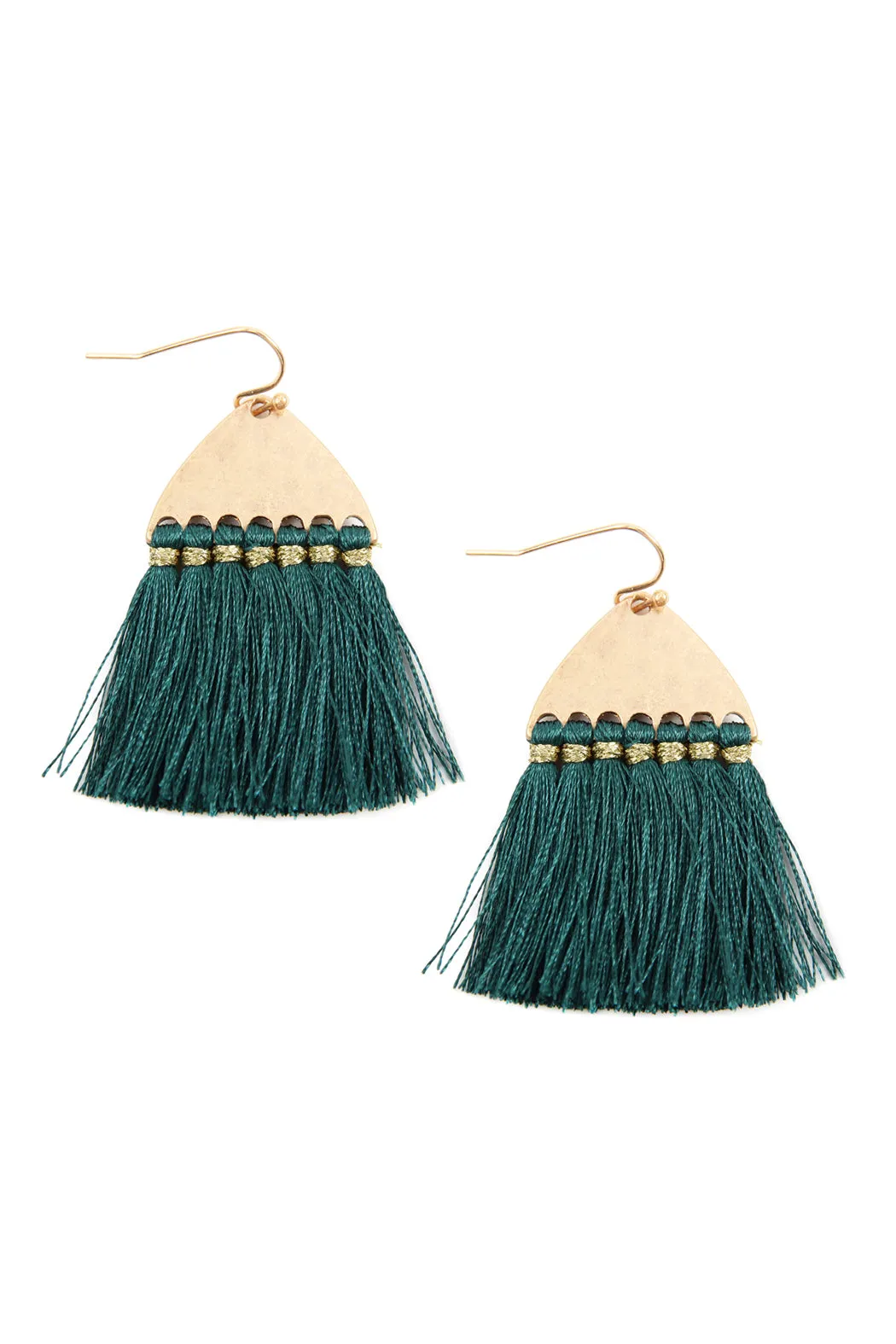 THREAD TASSEL HAMMERED METAL HOOK EARRINGS