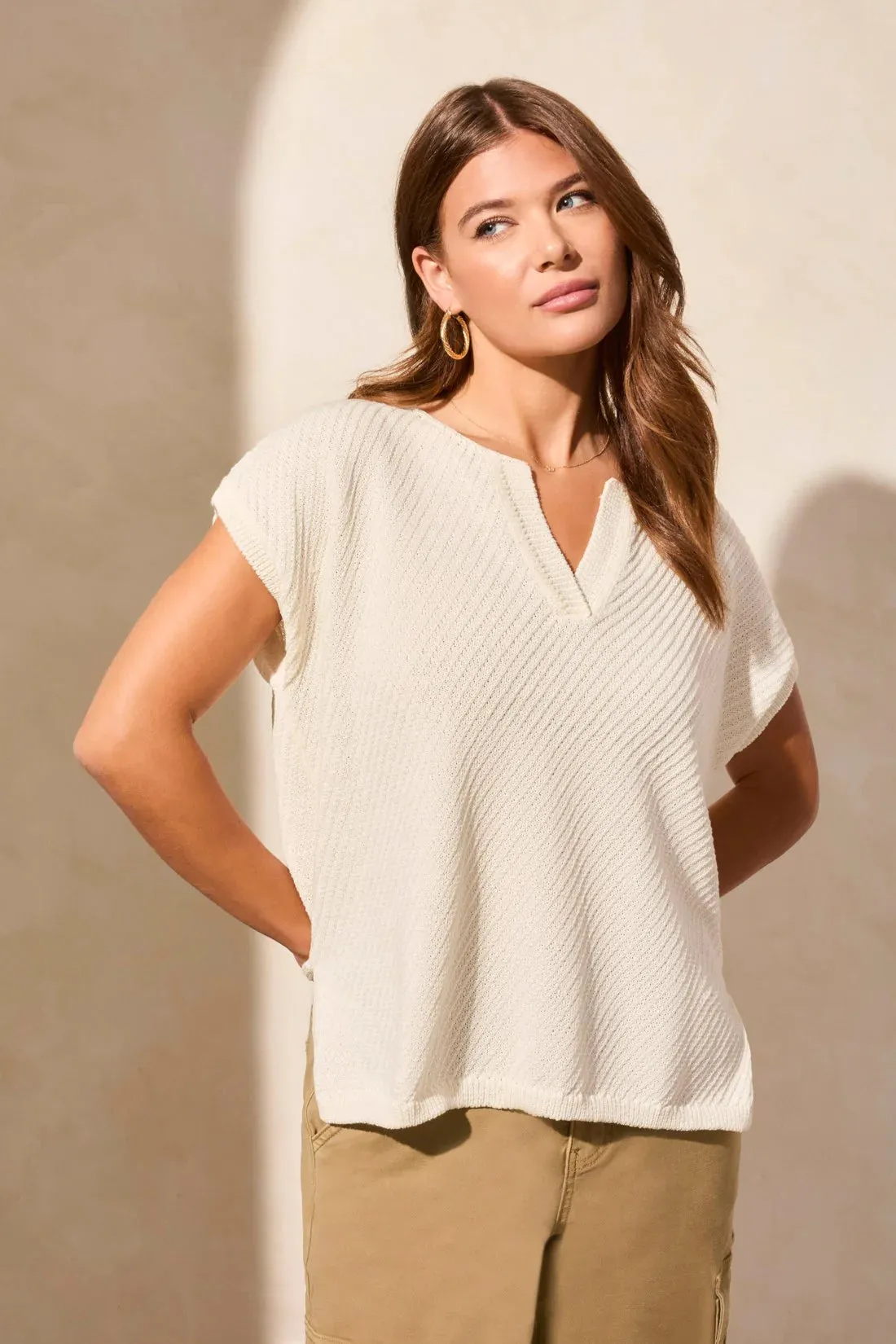 Tribal Side-Slit V-Neck Sweater in Cocomilk