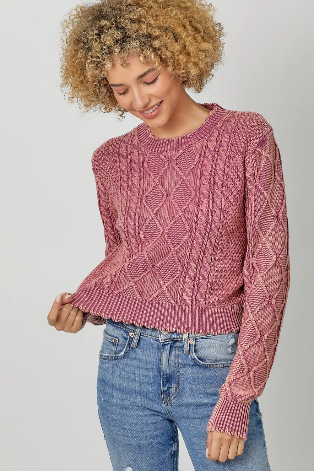 Washed Cotton Cropped Sweater Rose
