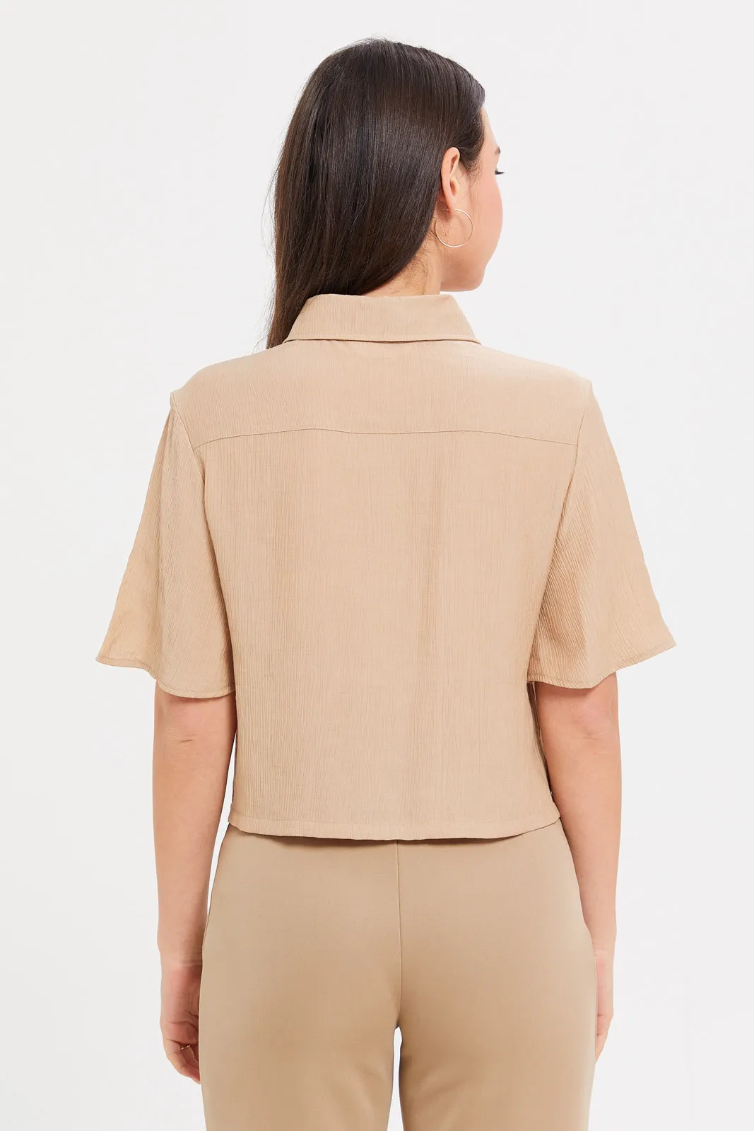 Women Beige Textured Collared Shirt