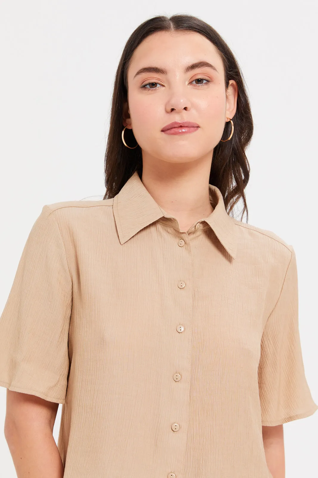Women Beige Textured Collared Shirt