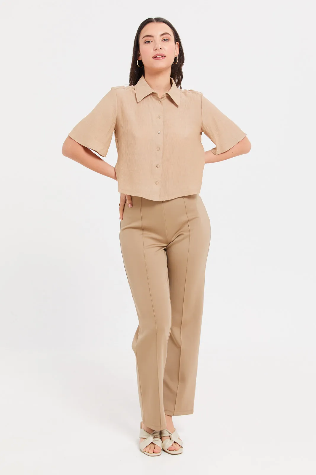 Women Beige Textured Collared Shirt