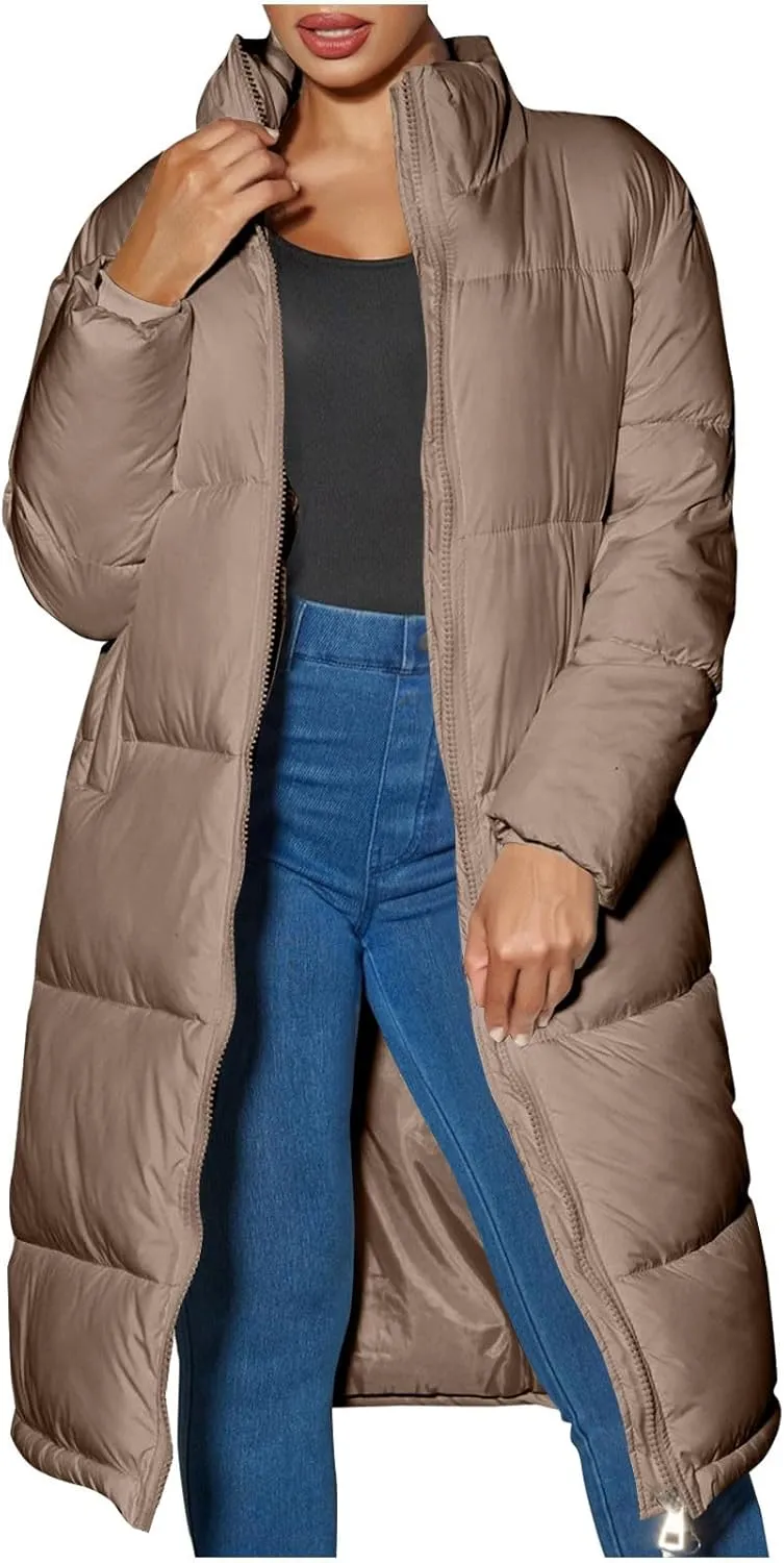 Women Knee-length Quilted Puffer Coats Stand Zipper Down Padded Cotton Winter Warm Outerwear Outdoor Hiking Jacket