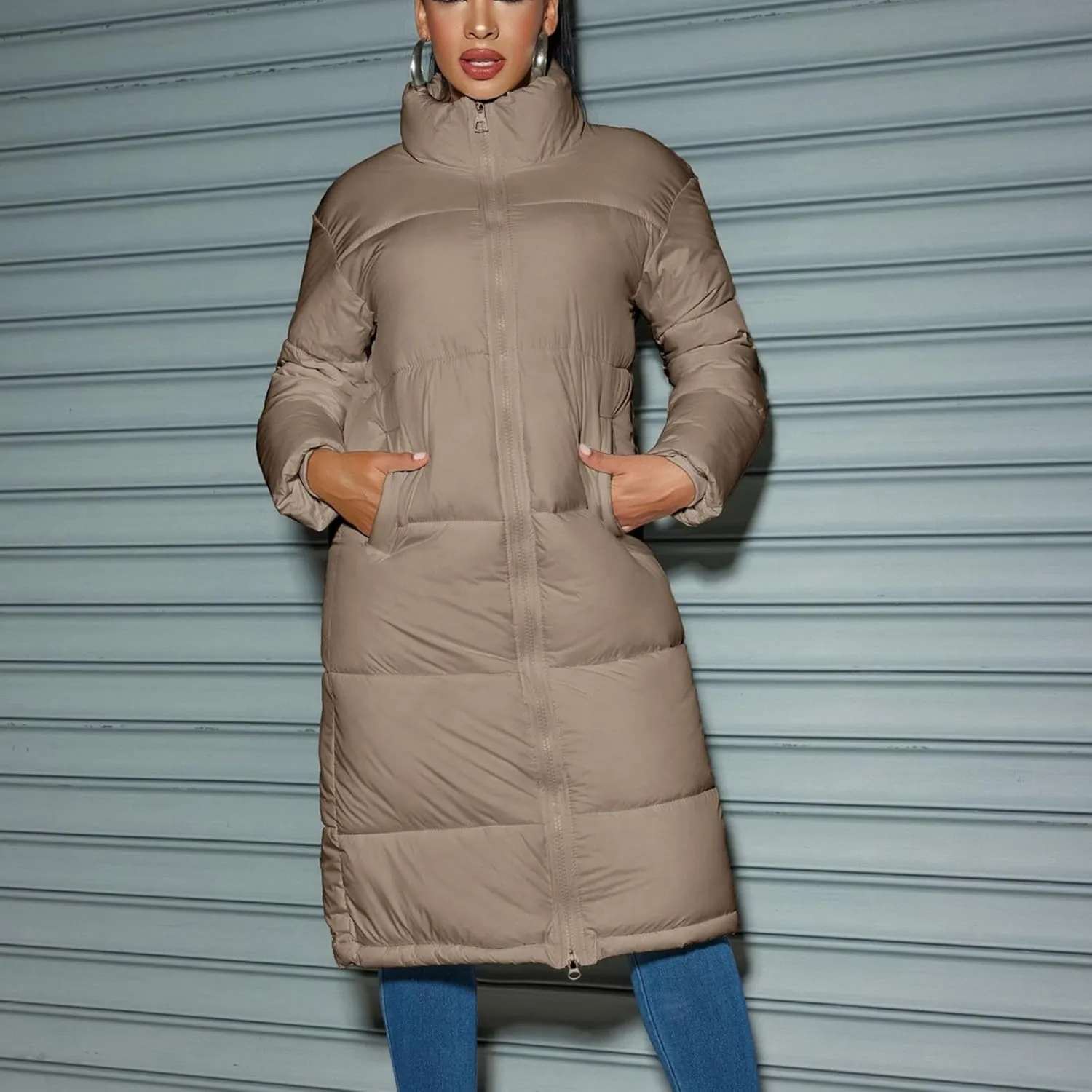 Women Knee-length Quilted Puffer Coats Stand Zipper Down Padded Cotton Winter Warm Outerwear Outdoor Hiking Jacket
