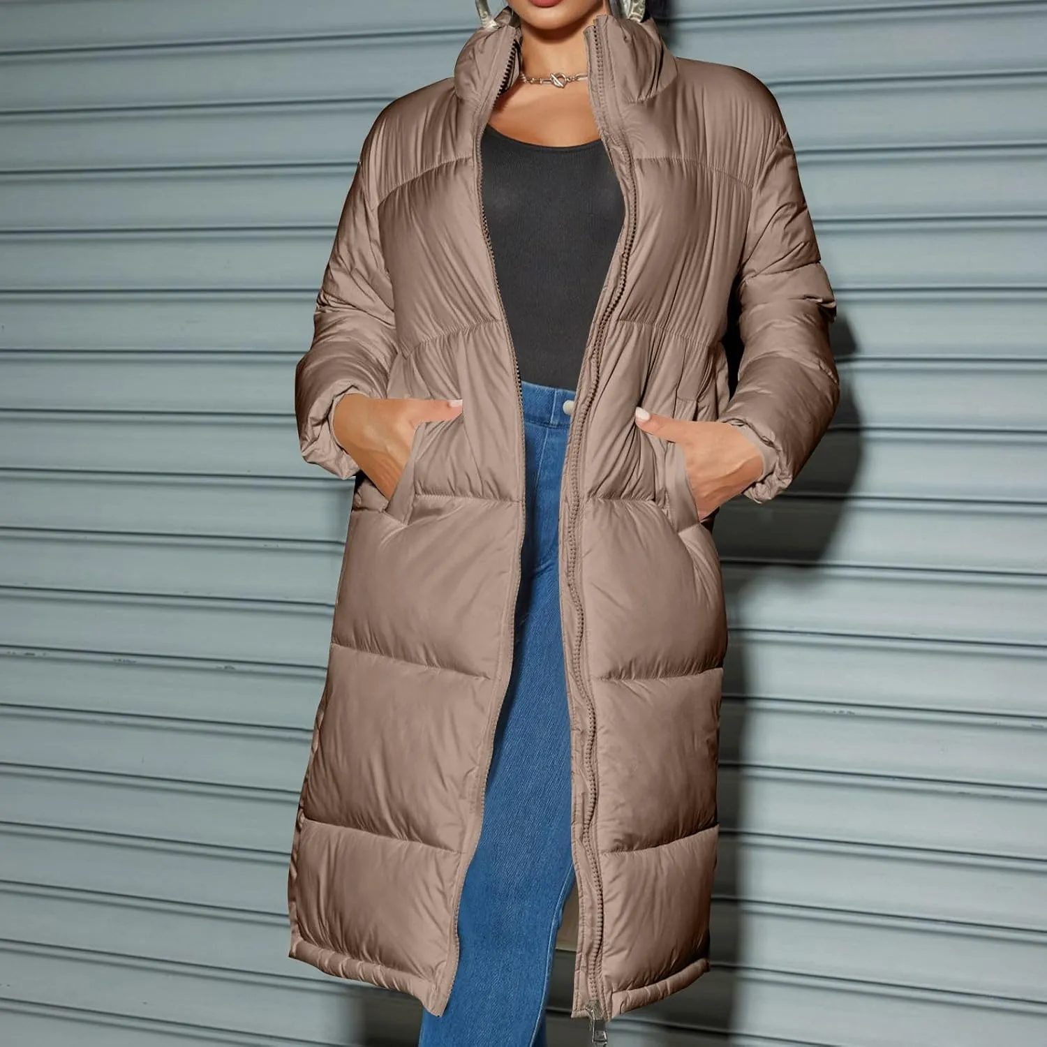 Women Knee-length Quilted Puffer Coats Stand Zipper Down Padded Cotton Winter Warm Outerwear Outdoor Hiking Jacket