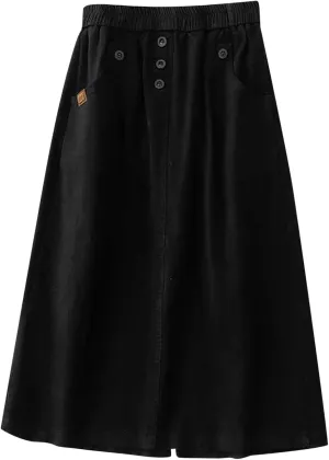 Women's Casual Skirts Elastic Waist Front Button Back Slit A-Line Midi Long Swing Skirt with Pockets Womens Skirts