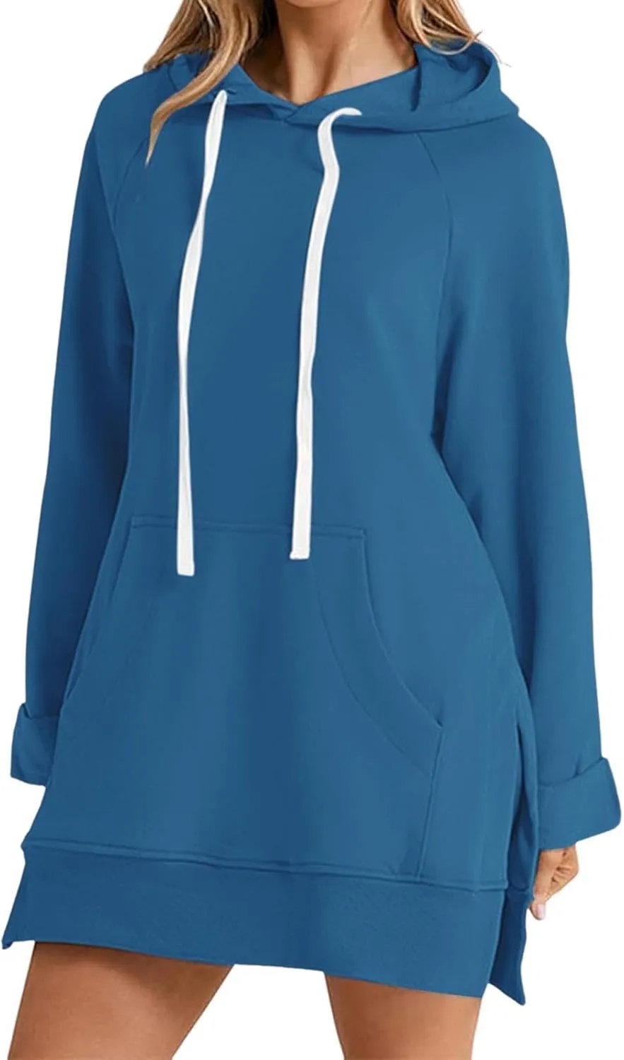 Womens Oversized Sweatshirts Hoodies Casual Long Sleeve Fleece Tops Solid Color Drawstring Pullover Split Soft Outfits
