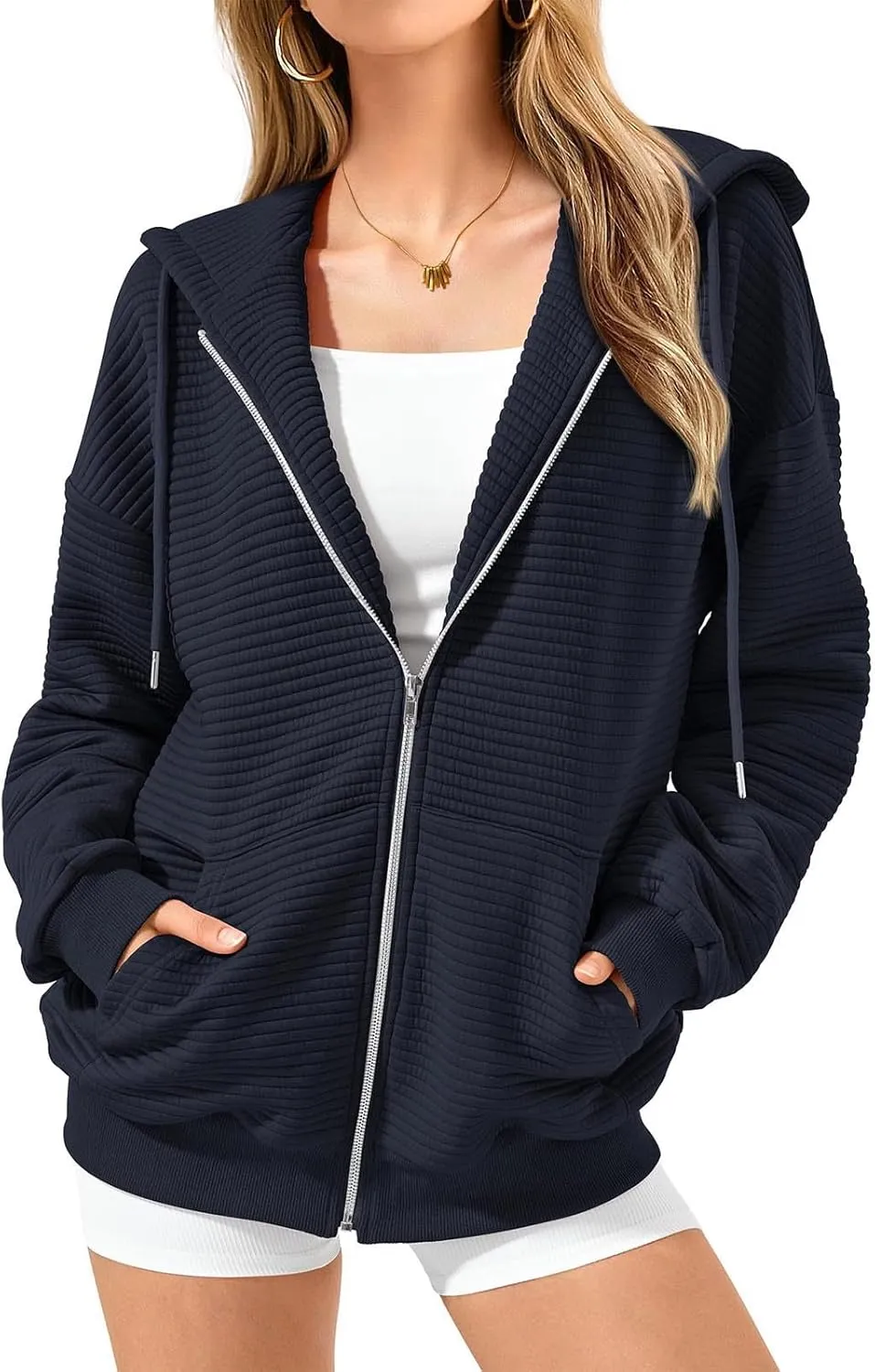 Womens Waffle Knit Hooded Jackets Full Zip Drawstring Hoodies Pullover Oversized Sweatshirt Trendy Fall Outfits