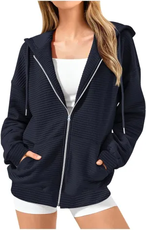 Womens Waffle Knit Hooded Jackets Full Zip Drawstring Hoodies Pullover Oversized Sweatshirt Trendy Fall Outfits