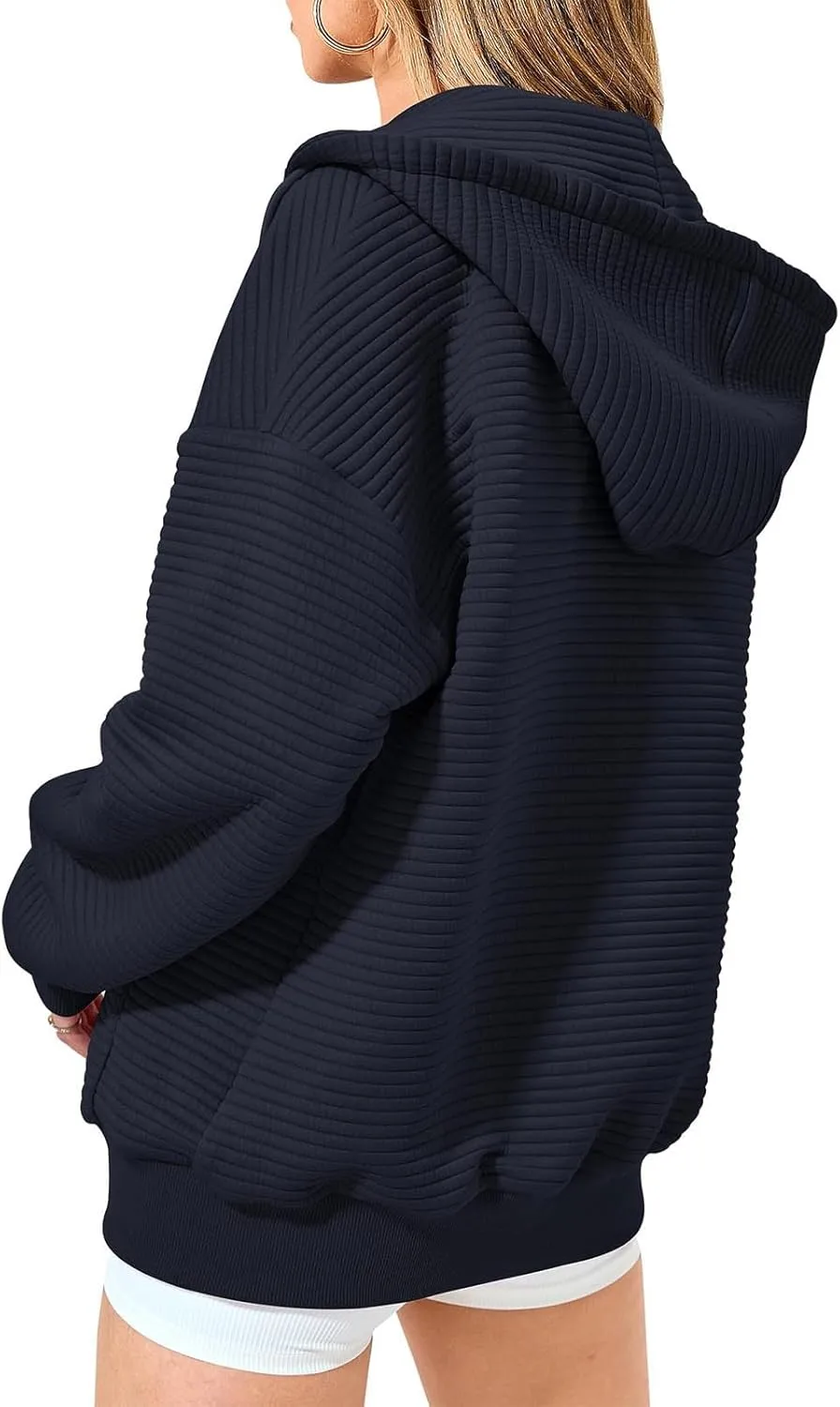 Womens Waffle Knit Hooded Jackets Full Zip Drawstring Hoodies Pullover Oversized Sweatshirt Trendy Fall Outfits